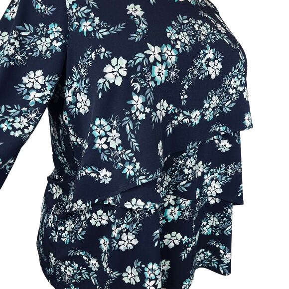 Catherine's Petite 14/16 Navy Floral Tiered Tunic Top V-Neck Stretch Jersey Knit - Picture 4 of 10
